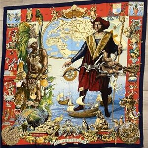 HERMES Hermes Carr 90 Scarf Les Ameriques Americas Columbus Silk Scarf